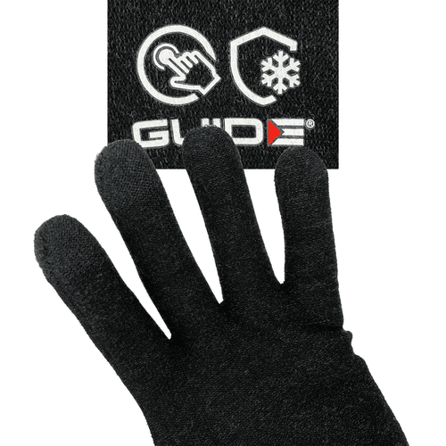Guide 5501 black gloves with Guide logo and symbols, close-up of palm and fingers