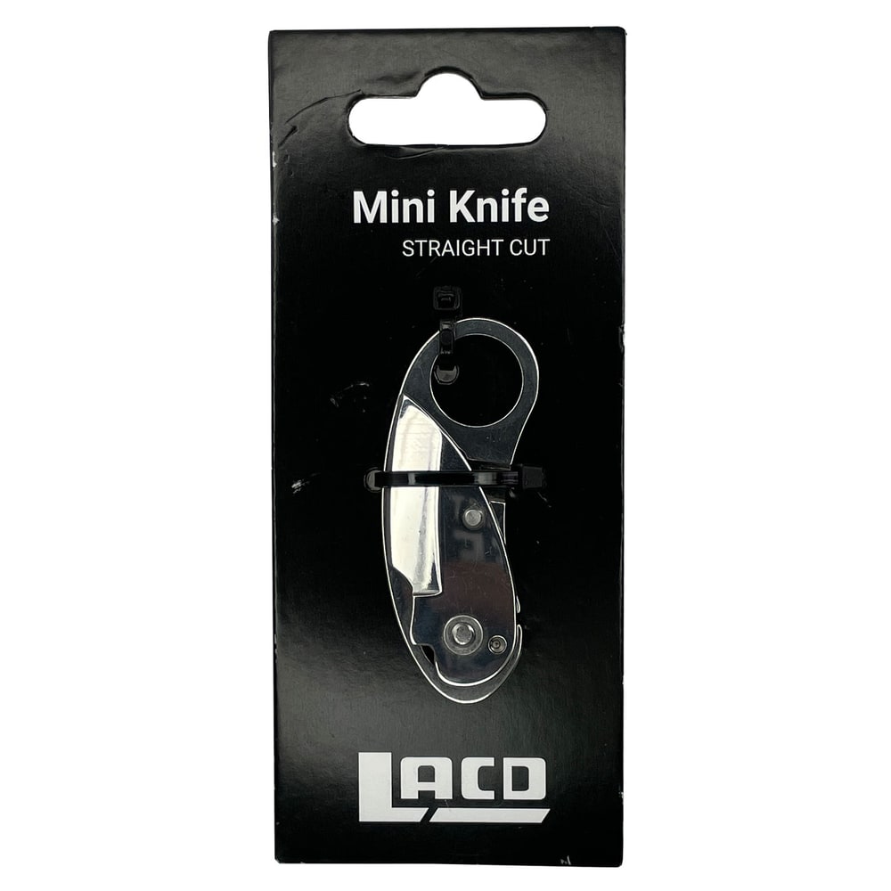 Mini Knife Straight Cut knife from Laco in black packaging with white lettering and viewing window, the knife is visible when closed