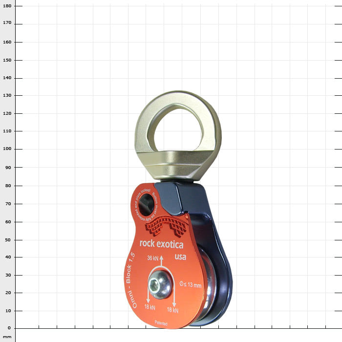 Omniblock 1.5 Single by rock exotica usa, pulley with red and blue housing and large silver eyelet ring at the top, with technical specifications on the front