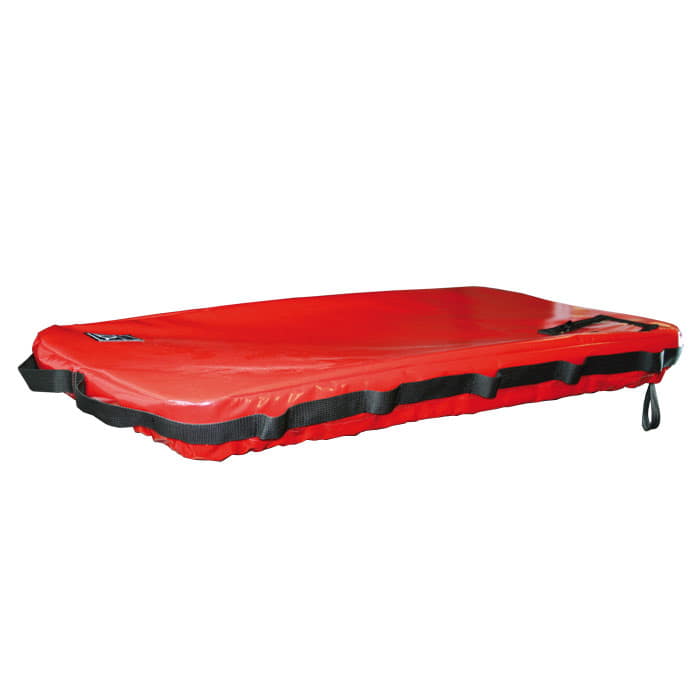 Cover in red, rectangular with black loops on the sides