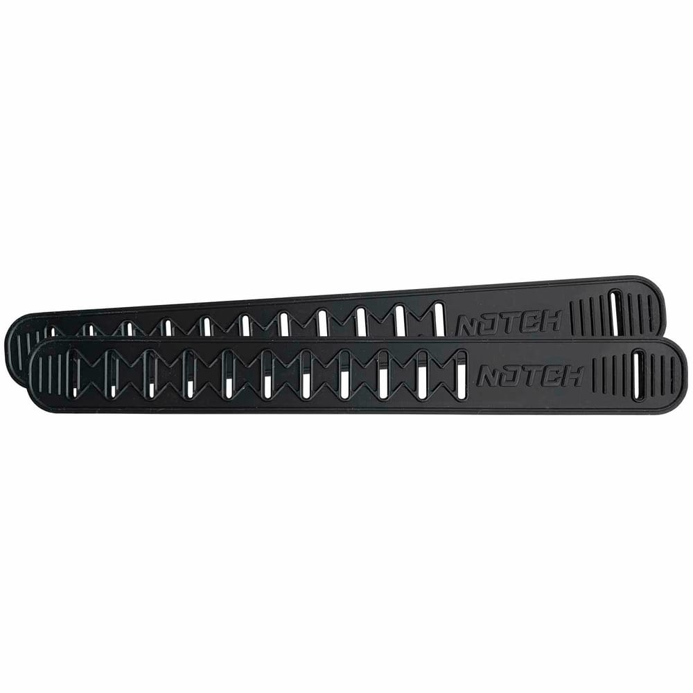 Two black Talon rubber rubber straps with cut-outs and the lettering "NOTCH" next to each other