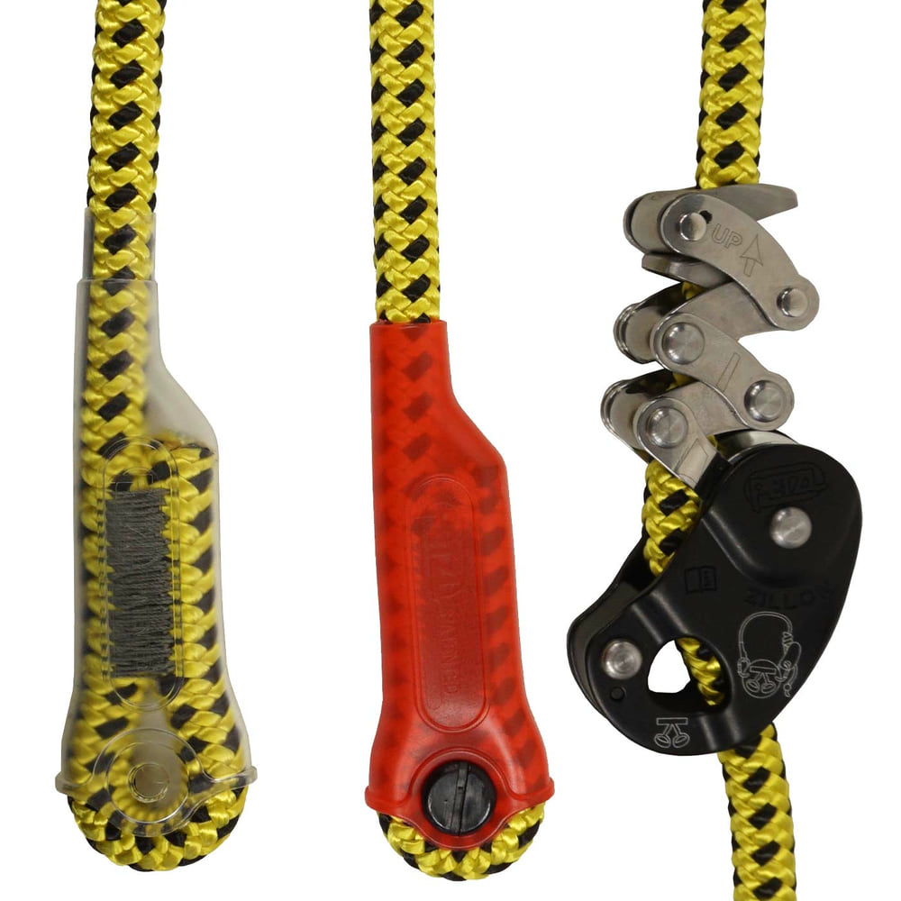 Close-up of the yellow and black Zillon short fuse with transparent and red plastic protection and a steel clamping device