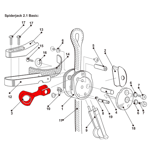 Technical exploded view with numbered parts, including a red component that could represent Positioner/SpiderJack 2.1 carabiner mount