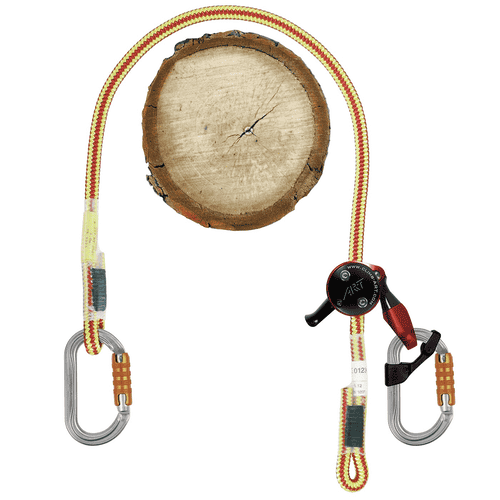 XP-e First Class Swivel Set with yellow-red rope, two silver carabiners with orange clasps and black device at the end of the rope, draped on wooden disc