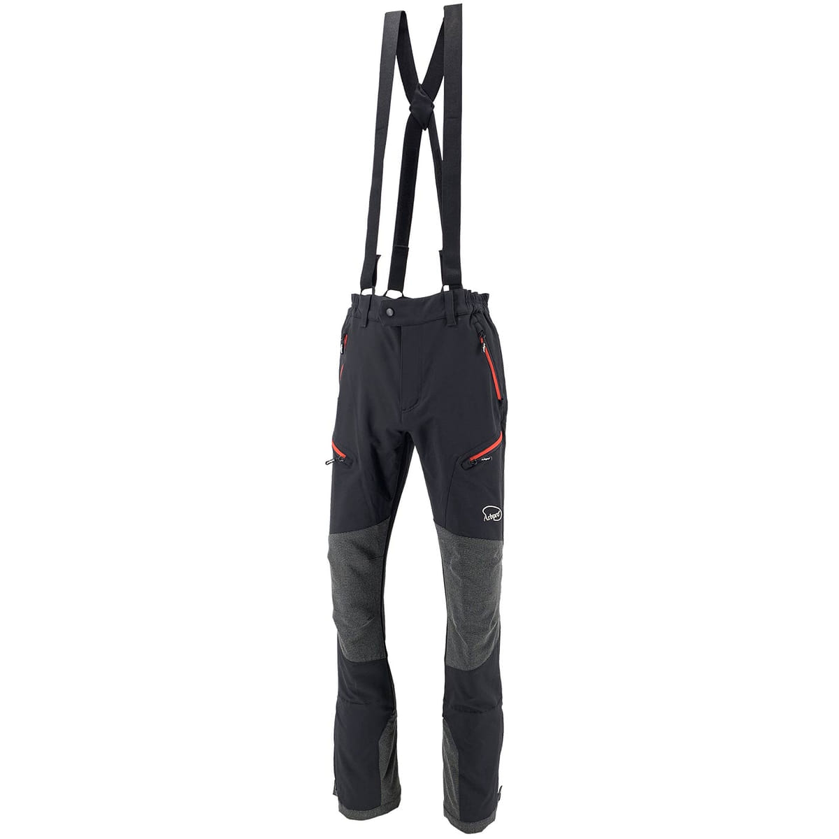 Climb Tech Delta Pants by Arbpro in black with grey knee and leg reinforcements and red zippers, including black suspenders