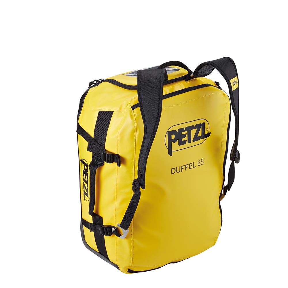 Yellow PETZL Duffel 65 bag with black straps and PETZL logo on the front