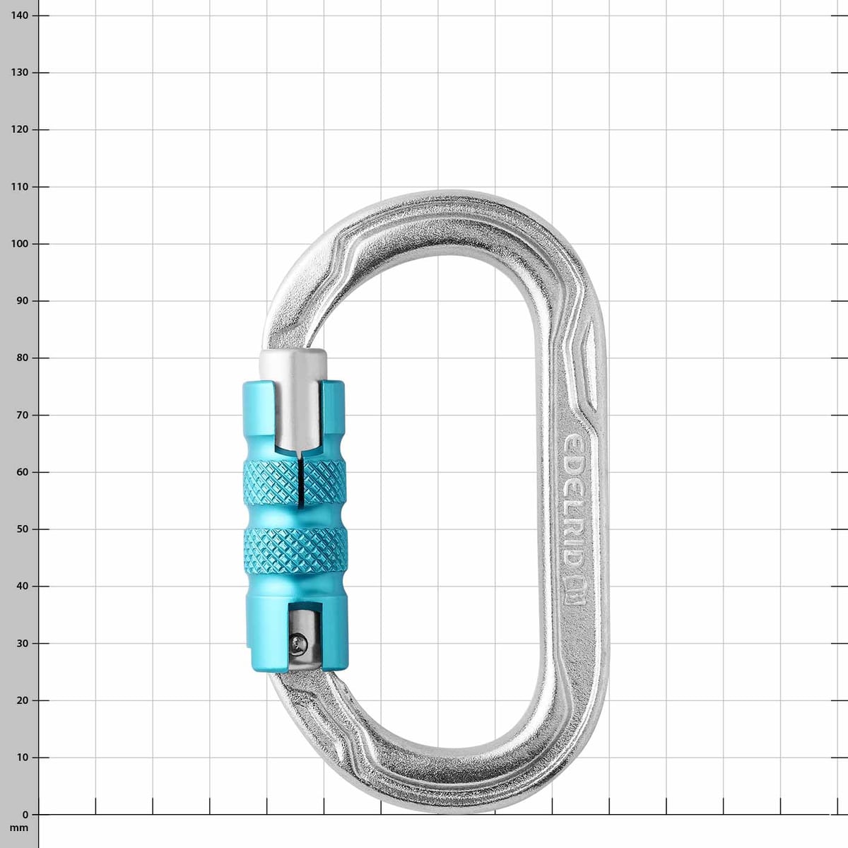 Oval Power Steel Triple Carabiner made of steel with blue screw cap and maker's engraving Edelrid on the side