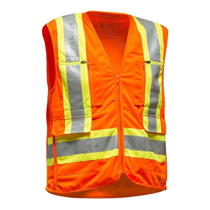 Zipp-4-Fit safety vest by Pfanner in bright orange with yellow and silver reflective stripes, zipper at the front, two pockets with zipper