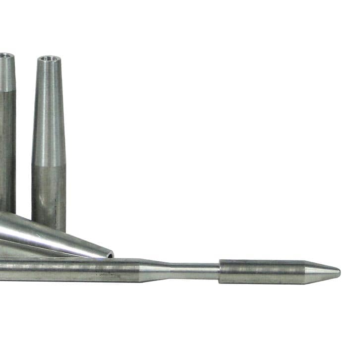 Close-up of the Rope Fid Universal, showing the pointed and cylindrical shape of the metal parts as well as the smooth surface of the long metal rod with threaded end