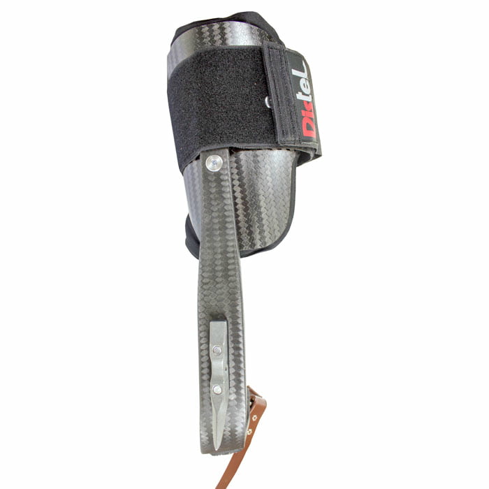 Side view of an orthopedic splint with black Velcro and brown leather strap
