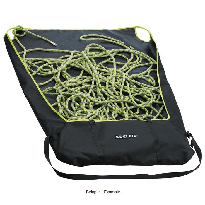 Edelrid Liner black bag with yellow-green accents open, inside lies a yellow-green climbing rope, the bag has two handles and a carrying strap