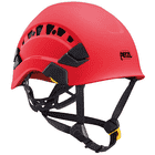 Red Petzl Vertex Vent helmet with black chin strap and ventilation holes