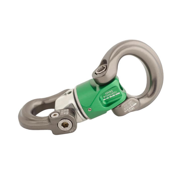 Mini-Swivel Nexus 1, a swivel snap hook with green middle section and silver hooks, photographed sideways on a white background