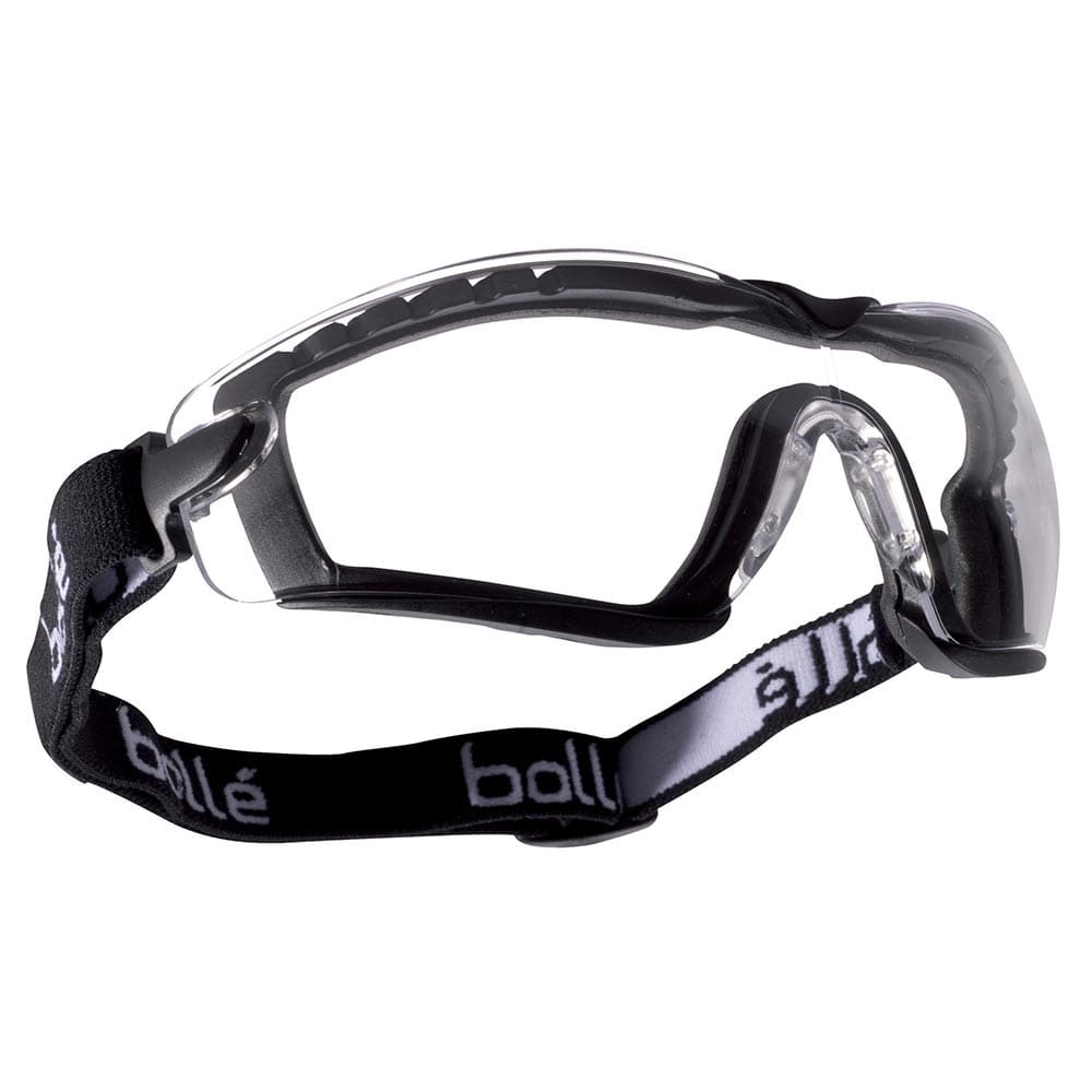Bollé Cobra safety goggles with transparent lenses and black adjustable headband with white lettering