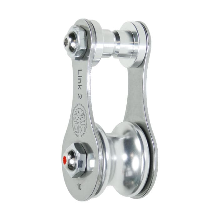 Link 2 metal roller with the engraving "Link 2" and a tree logo, silver and shiny