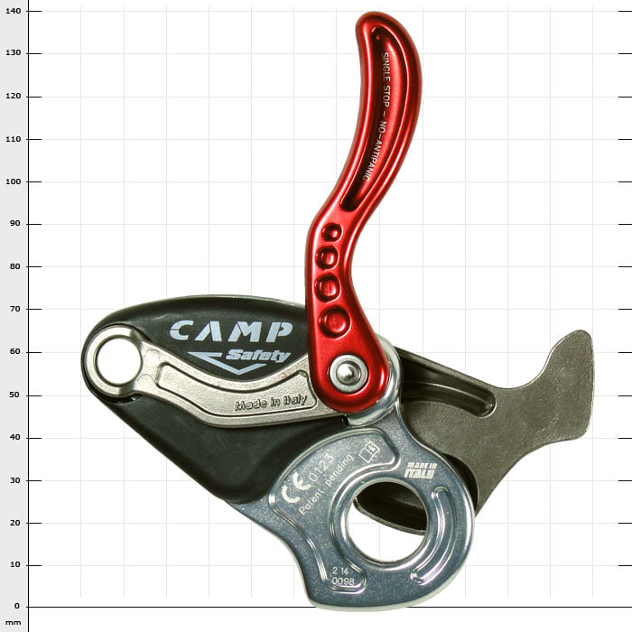 Druid Pro by CAMP Safety, black and silver device with long red lever and metal part