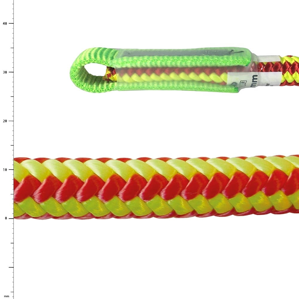 Rope XP-e Highlight with red and yellow pattern and green protective cover on the loop