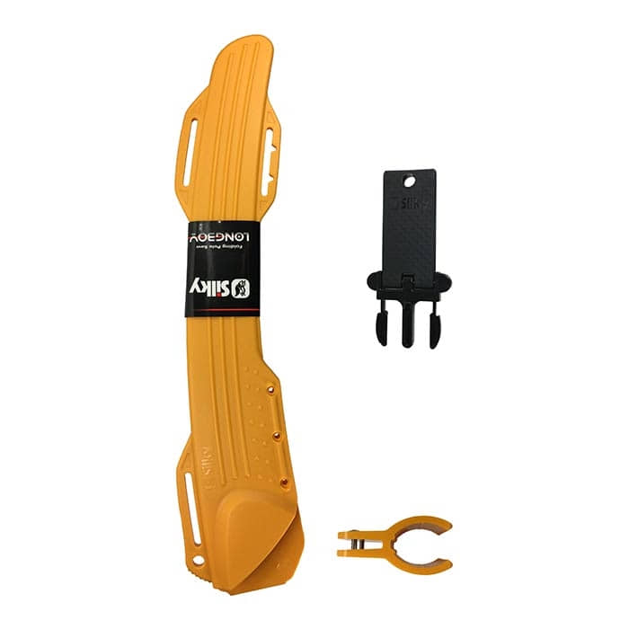 Longboy holster set by Silky, consisting of a long yellow holder, a small black clip and a yellow fastening clip