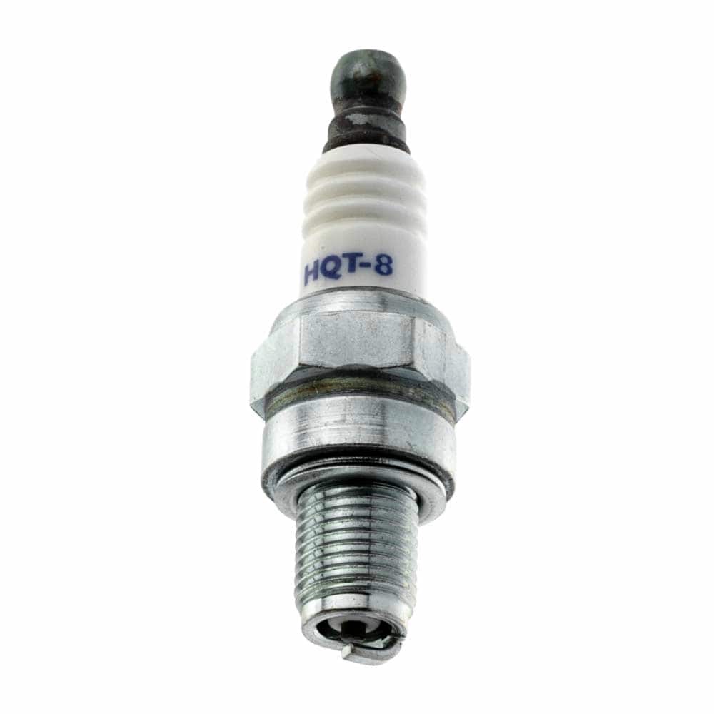 HQT-8 spark plug with white ceramic housing and metal thread, model HQT-8 printed on the housing