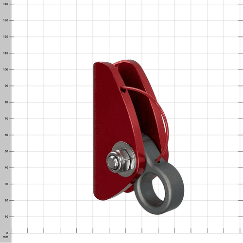 Mini Ropegrab, Red Rope Device with Gray Ring and Metal Clasp, Side Oblique View