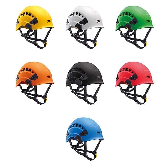 Seven Petzl Vertex Vent helmets in yellow, white, green, orange, black, red and blue with black chin straps and ventilation holes