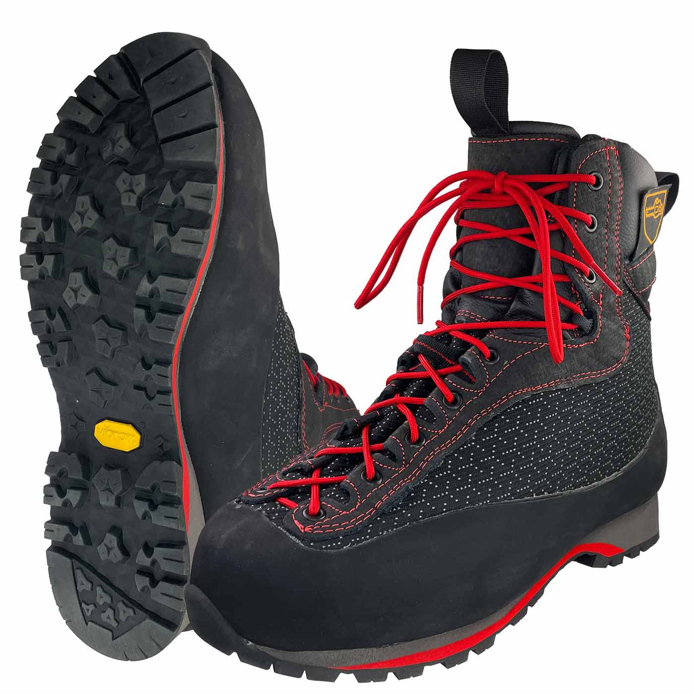 Arborist Xlight shoe in black with red laces and treaded sole, manufacturer not visible from below and front
