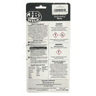 Back of JB Weld ClearWeld Quick-Setting Epoxy packaging with detailed instructions, warnings, hazard pictograms and areas of application, all in black and white design with manufacturer and importer information