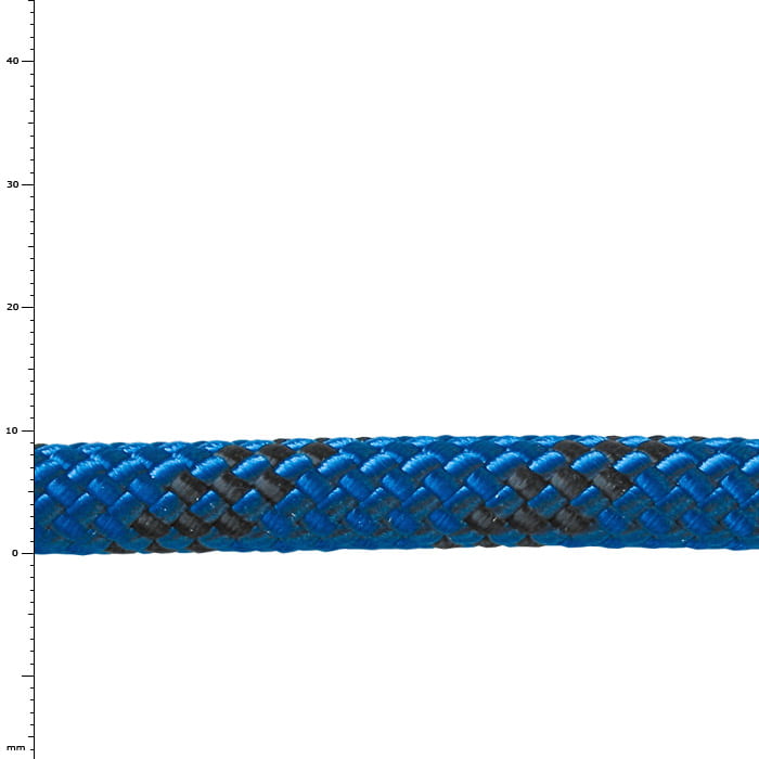 Close-up of a blue rope with a black pattern and a scale in millimeters on the left side