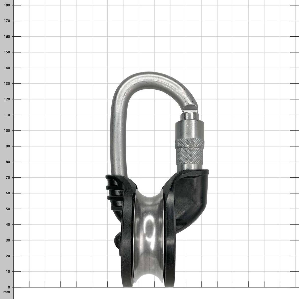 Snatchet 65, black and silver reel with snap hook, manufacturer Harken, type Snatchet 65, side view with visible wheel