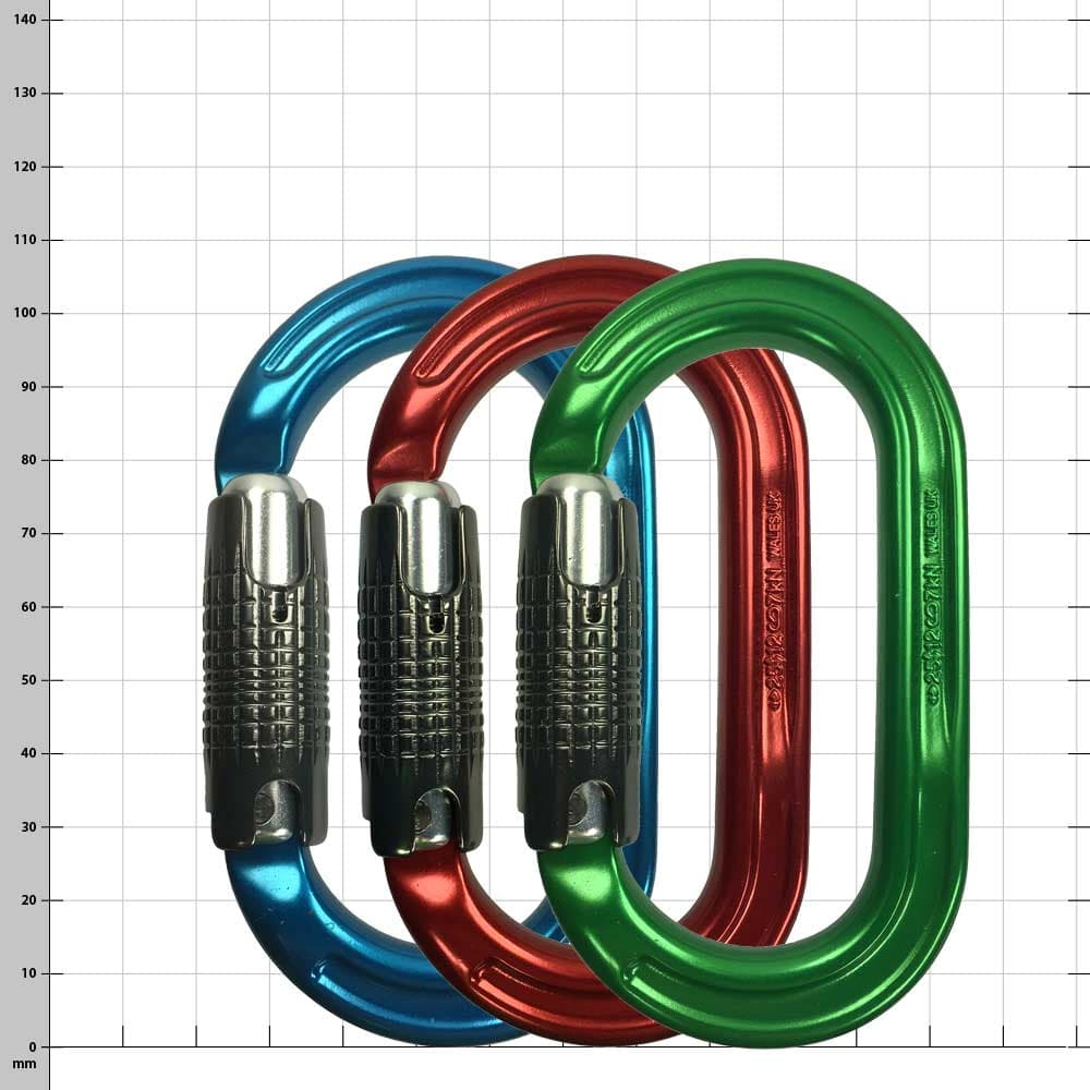 3 x Ultra O Color carabiners in blue, red and green with silver clasp