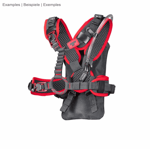 upMOTION SRT, black and red climbing harness with drinking tube and hydration bladder on white background