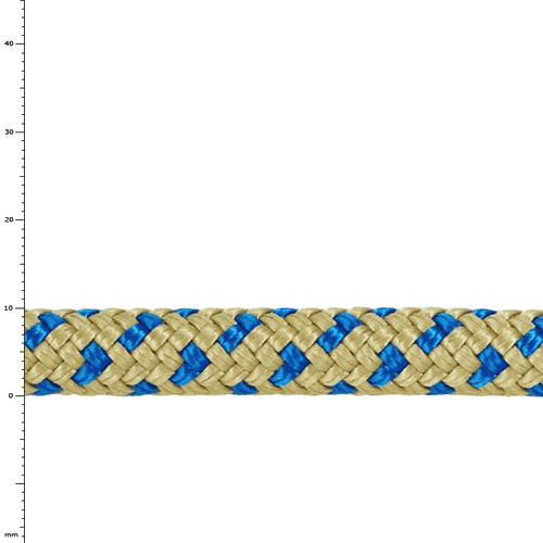Bee-Line Sling 10, Close-up of Beige and Blue Braided Rope with Pattern and Measurement Scale in Background