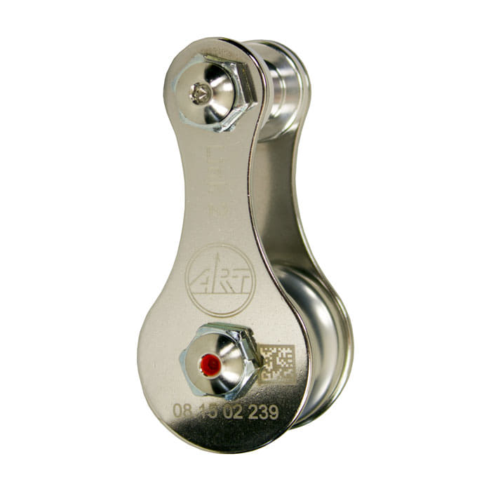 Link 2, silver metal part with two screws and engraved logo, side view