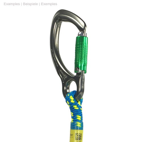 Captive eye carabiner with green screw cap with blue and yellow rope attached against white background