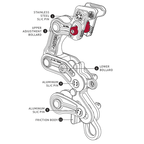 Technical drawing of the Rope Runner Pro Upper Adjustment Bollard with inscriptions in English showing various parts of the device, including stainless steel and aluminum pins, as well as the Upper Adjustment Bollard itself.