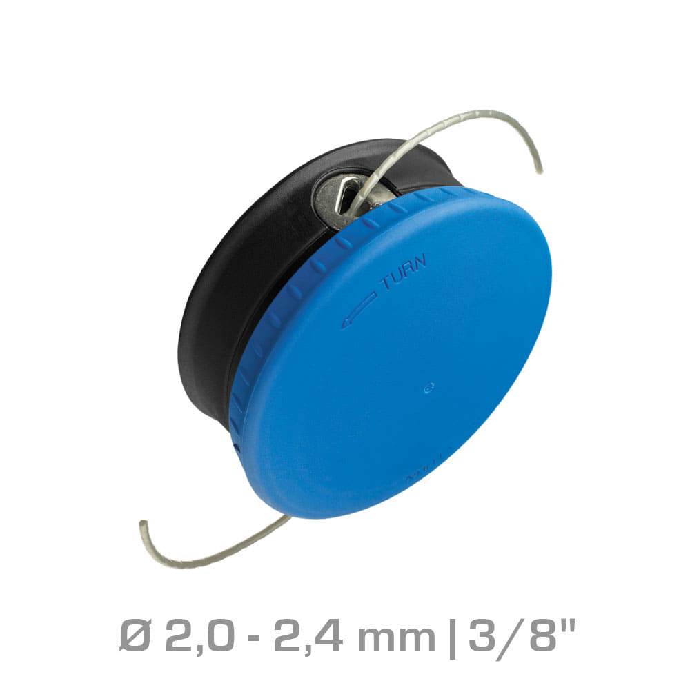 Product T25C with round housing, blue lid and black bottom, two protruding white threads