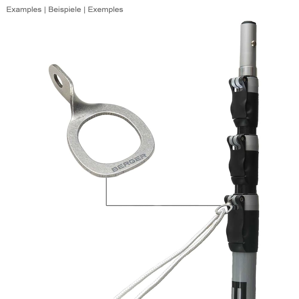 ArboRapid carabiner eye by Berger, silver metal ring with small eyelet, attached to a grey telescopic rod with black handles and white rope