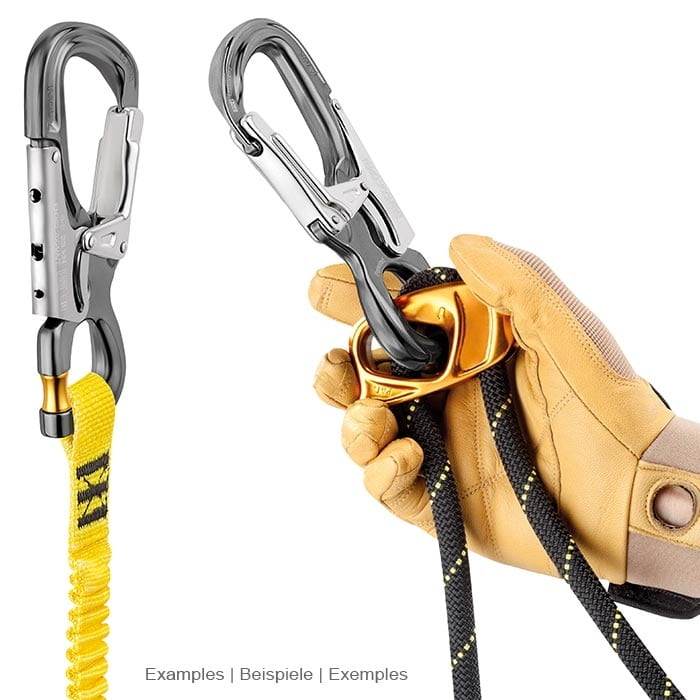 Eashook Open carabiner in use, held by one hand with leather gloves, attached to a rope