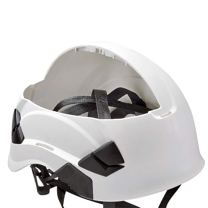 White Petzl Vertex Vent helmet from the inside with black inner strap