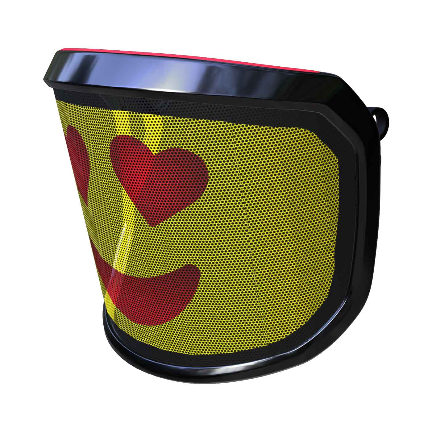 PROTOS® visor Arbormoji side view with yellow background and red smiley face with heart eyes, black frame