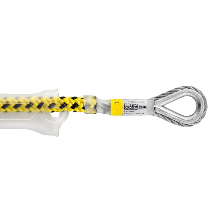 Microflip Rope, close-up of the yellow and black rope with PETZL label and metal eyelet at the end