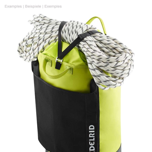 Cask 55 climbing backpack in light green with black outer pocket, on top of which a white climbing rope loop with black markings is attached