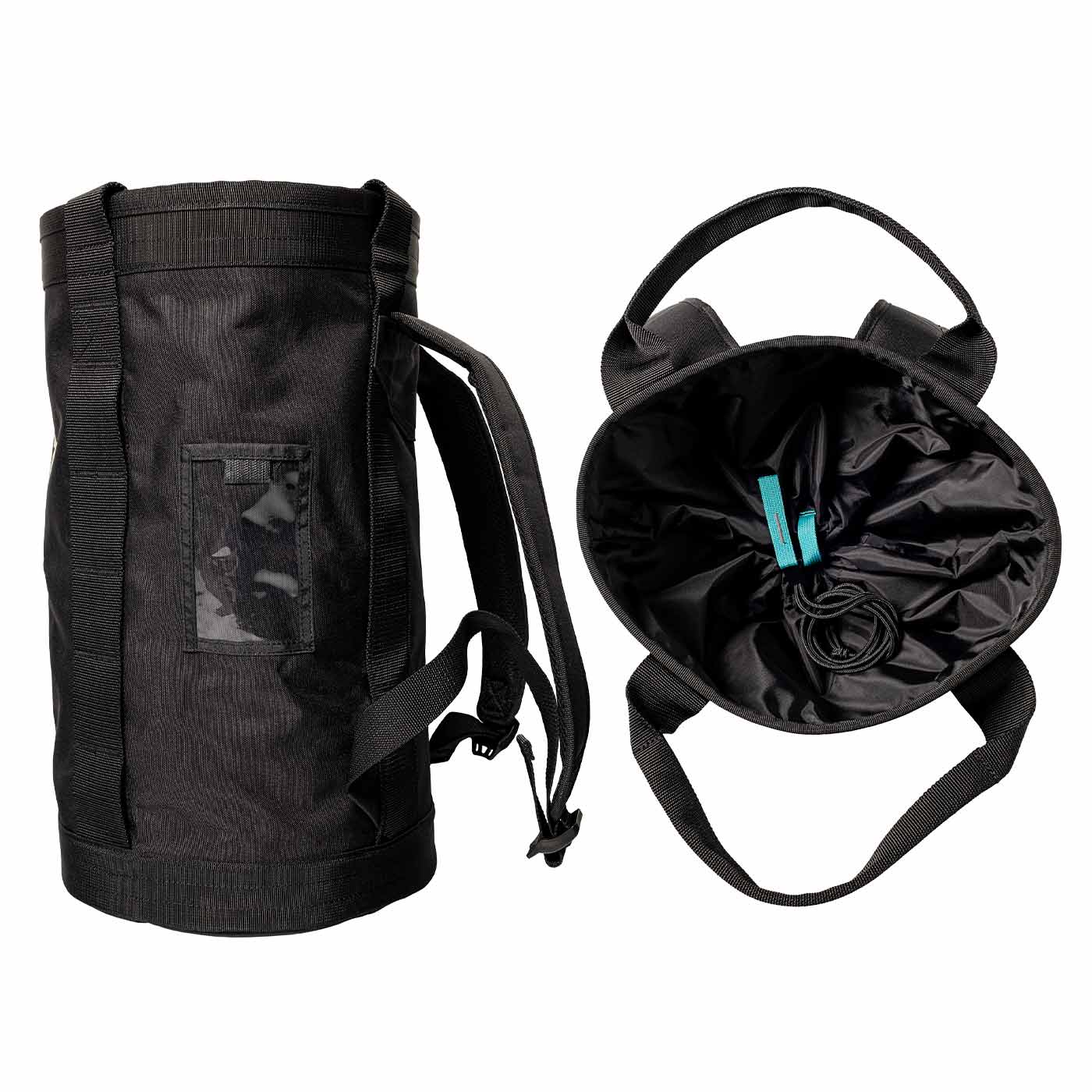 Pro 450 Bag, black pocket of notch with view of back and open interior with drawstring closure