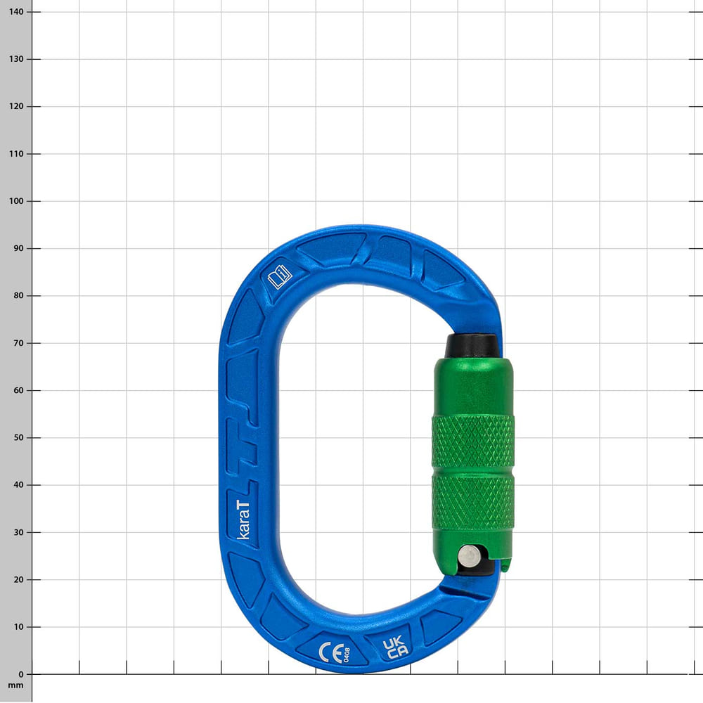 karaT carabiner in blue with green screw cap, with CE and UKCA mark, against a white background with grid dimension