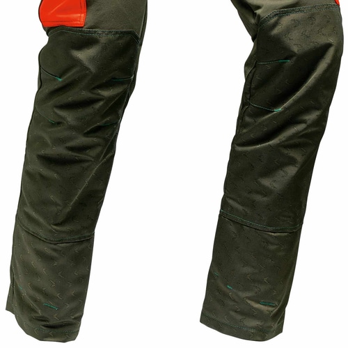 Detail of the lower legs of the Arborist Slim Fit work trousers with reinforced material and seam structures