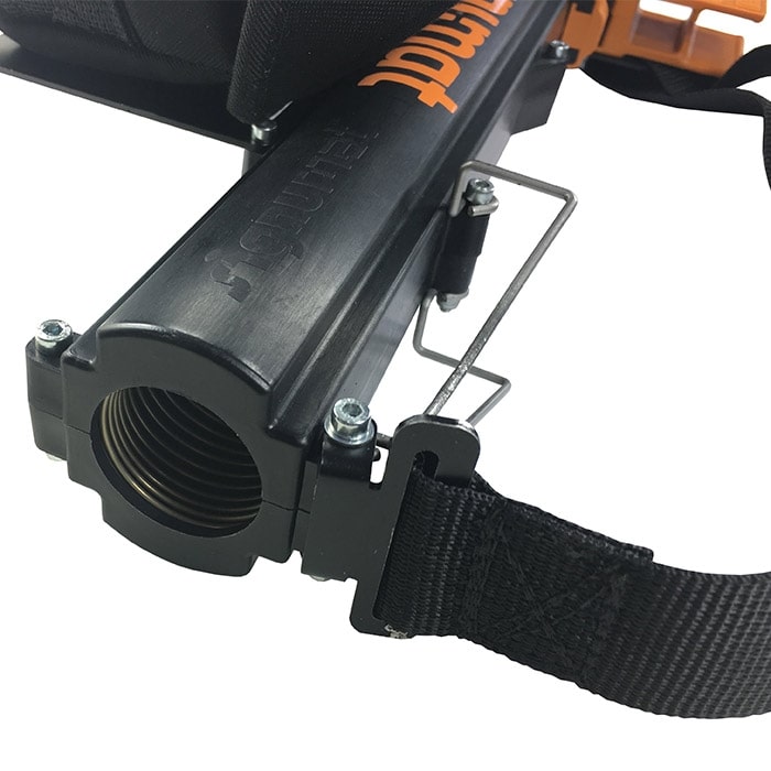 Close-up of the black ArboTag magazine Lite by signumat with orange lettering, metal bracket and black strap