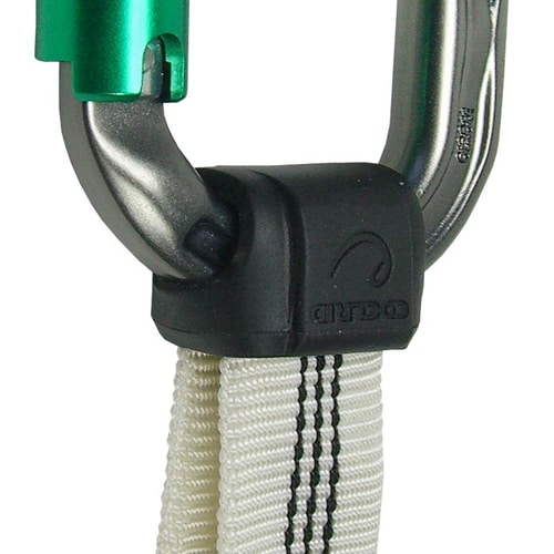 Antitwist 26 by Edelrid, black plastic part on a metal carabiner with green closure and white strap with black stripes