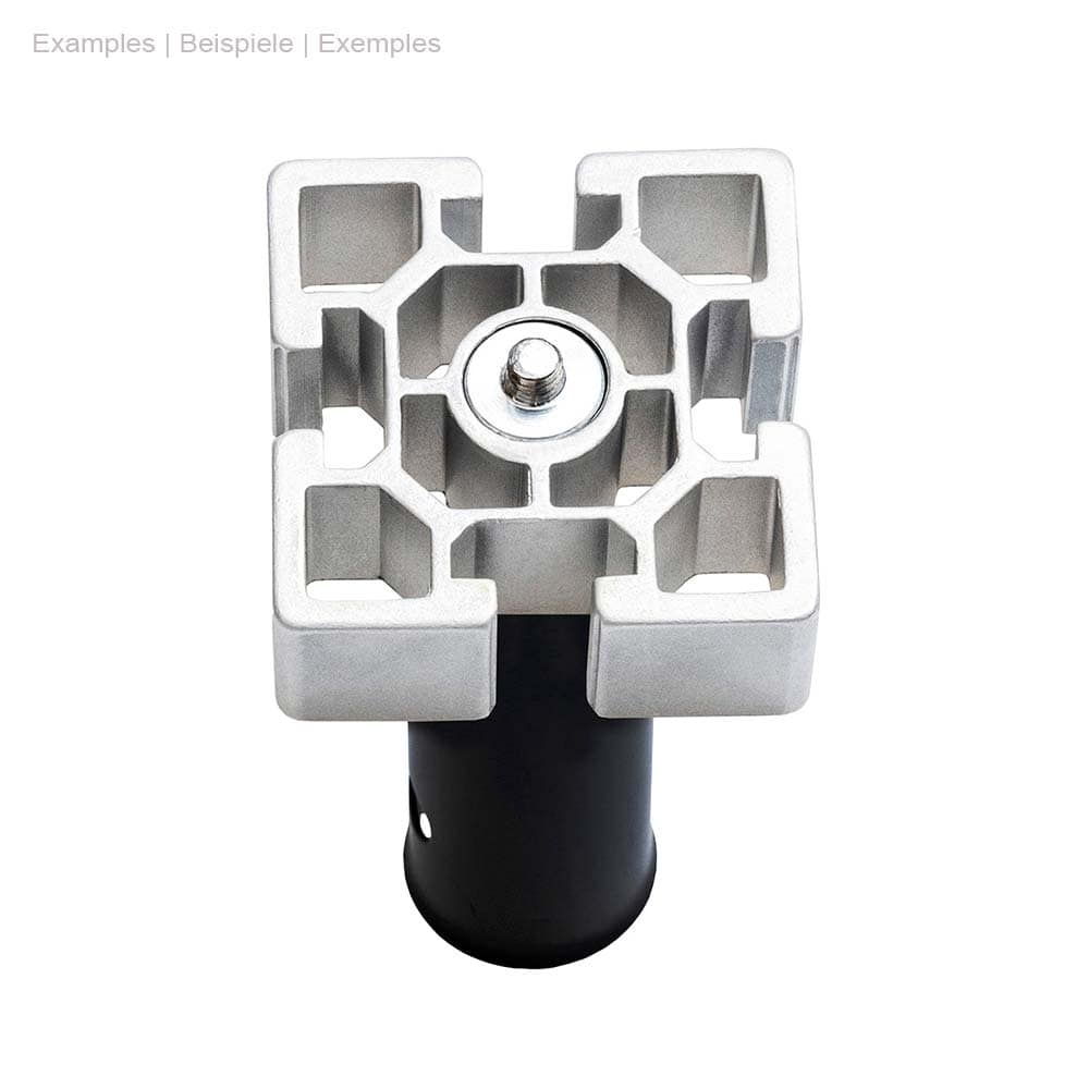 ArboRapid MediaAdapter plate, silver square metal plate with screw in the middle on black cylindrical rod