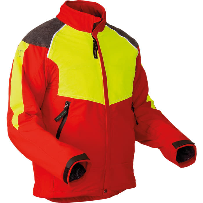 Cut-resistant jacket in red with yellow and grey accents, with zipper and pockets