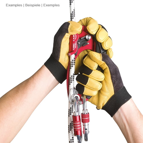 CAMP Turbohand Pro R belay device in red and black is held on a rope by two hands with yellow gloves